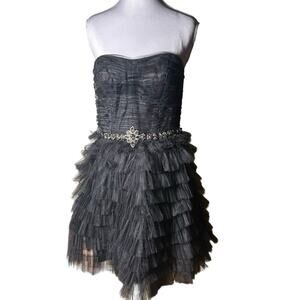 Strapless Cocktail Semi-Formal Short Black Tiered Tulle Rhinestone Party Dress